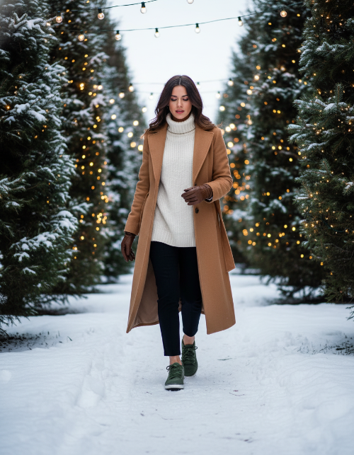 woman walking in winter wearing harmony 783 green olive suede grounding shoes