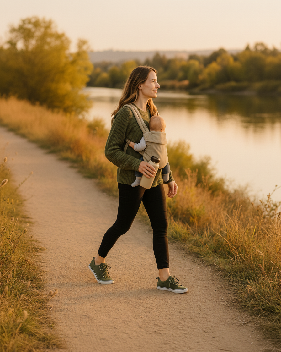 Mom grounding on dirt path with baby during fall