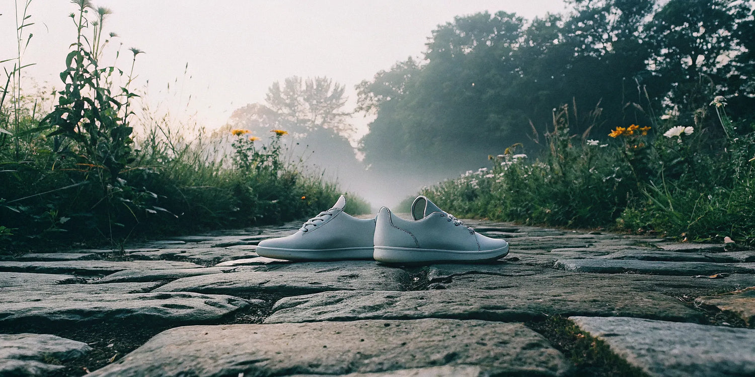 Stylish grounding sneakers on a natural stone path
