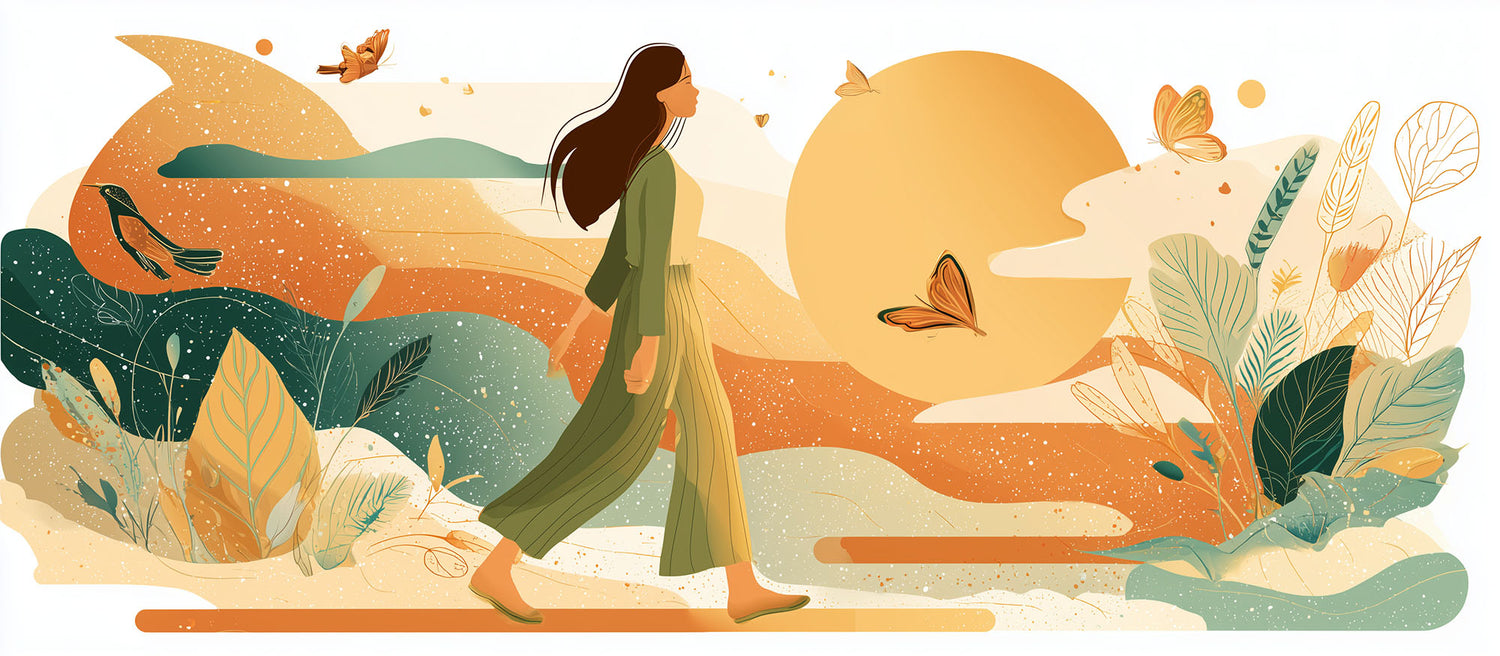 A woman practicing a grounding technique by walking barefoot on soft grass