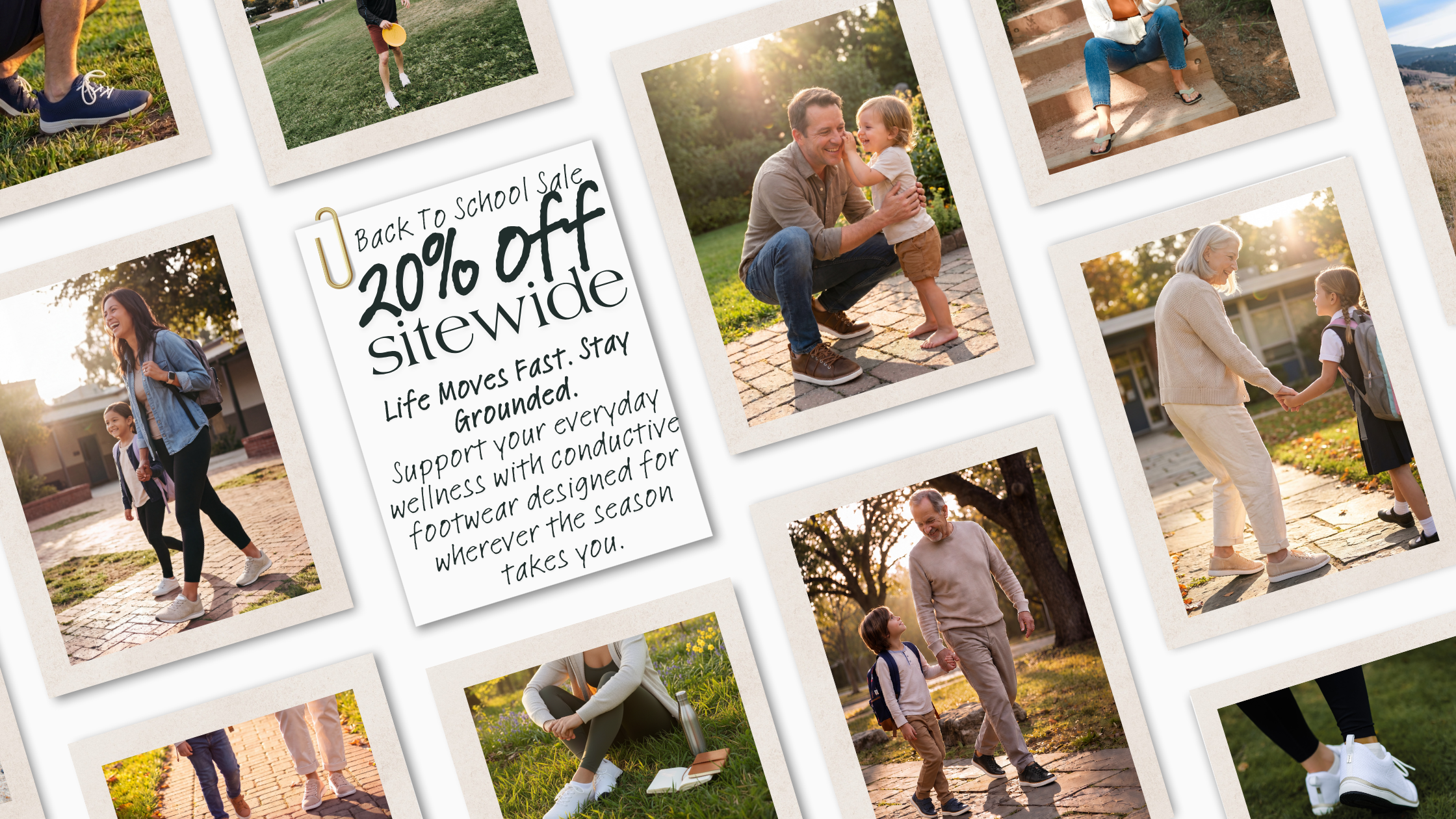 A collage of Polaroid-style photos showing families and children outdoors, with a central white card reading 'Back to School Sale 20% off sitewide' and promotional text.
