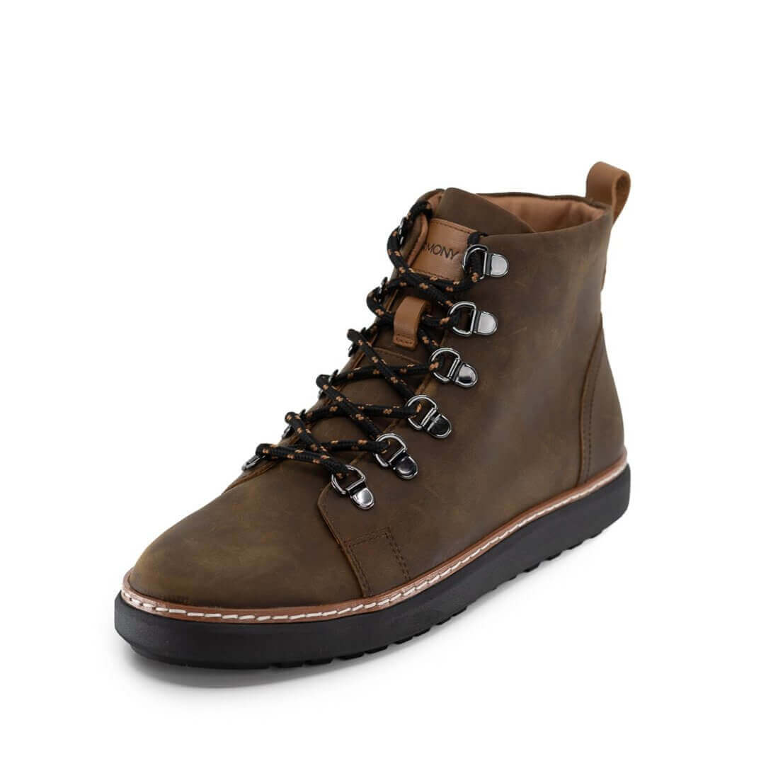 Brown leather grounding boot with black and cognac laces hero angle