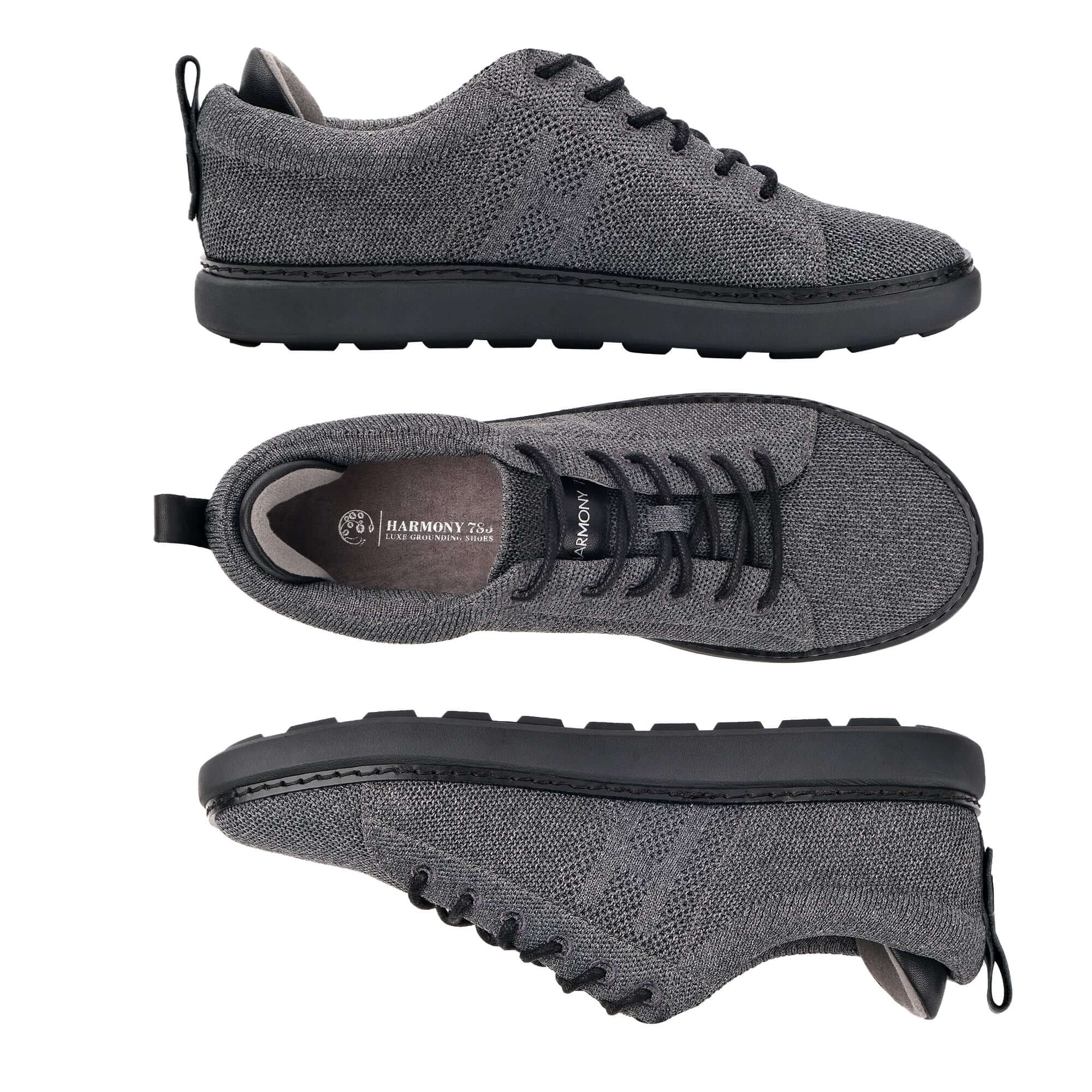 three view image of charcoal and knit grounding walkers