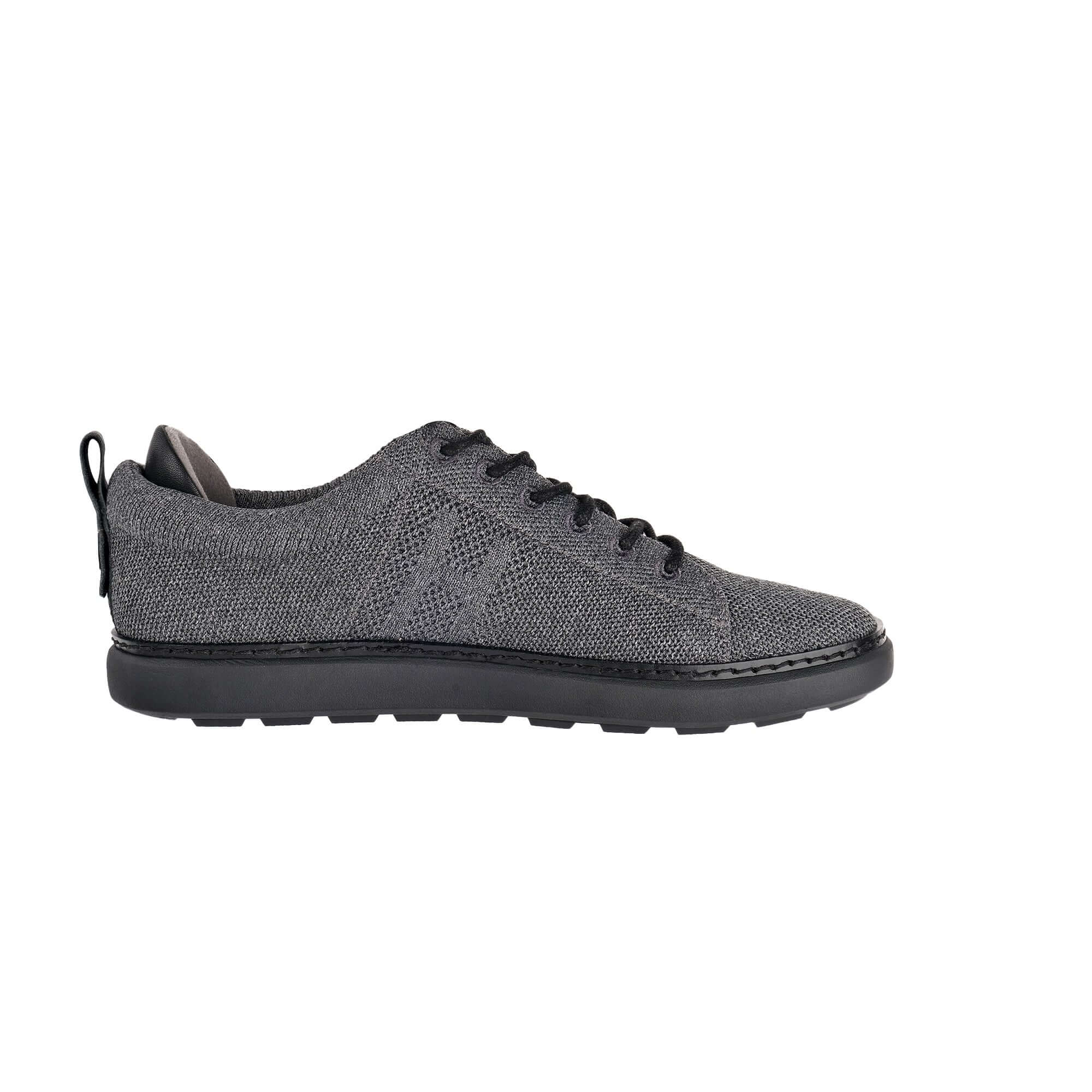 profile view of emerson knit grounding walker in charcoal and black