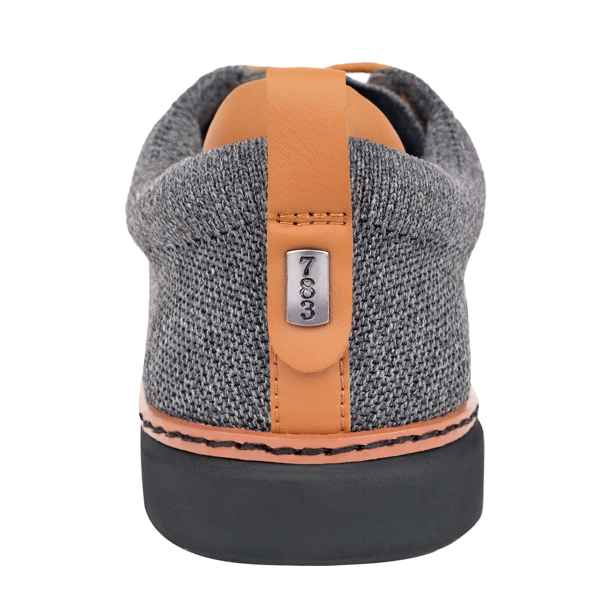 heel view of emerson knit grounded walker in charcoal with cognac accents