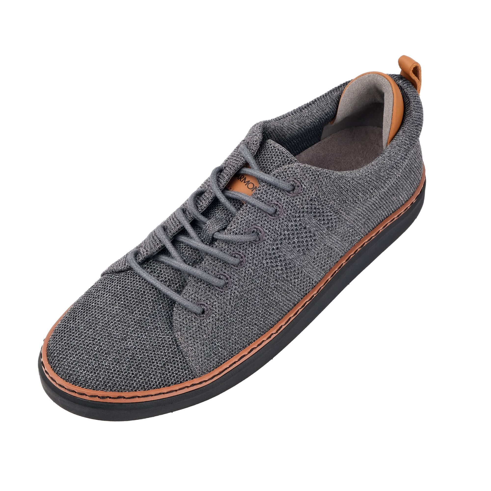 Hero view of emerson knit walker with charcoal and cognac accents with grey lace
