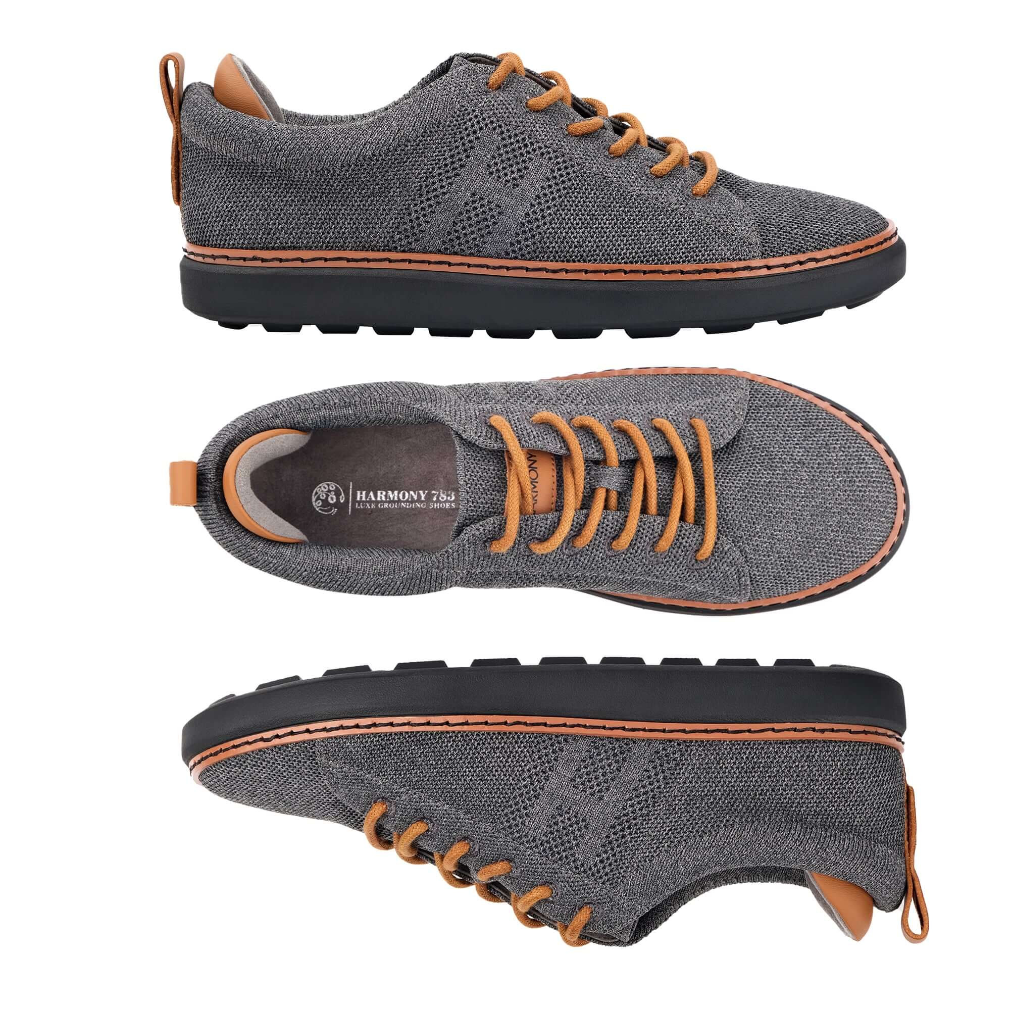 three views of the charcoal knit grounded walker with cognac accents