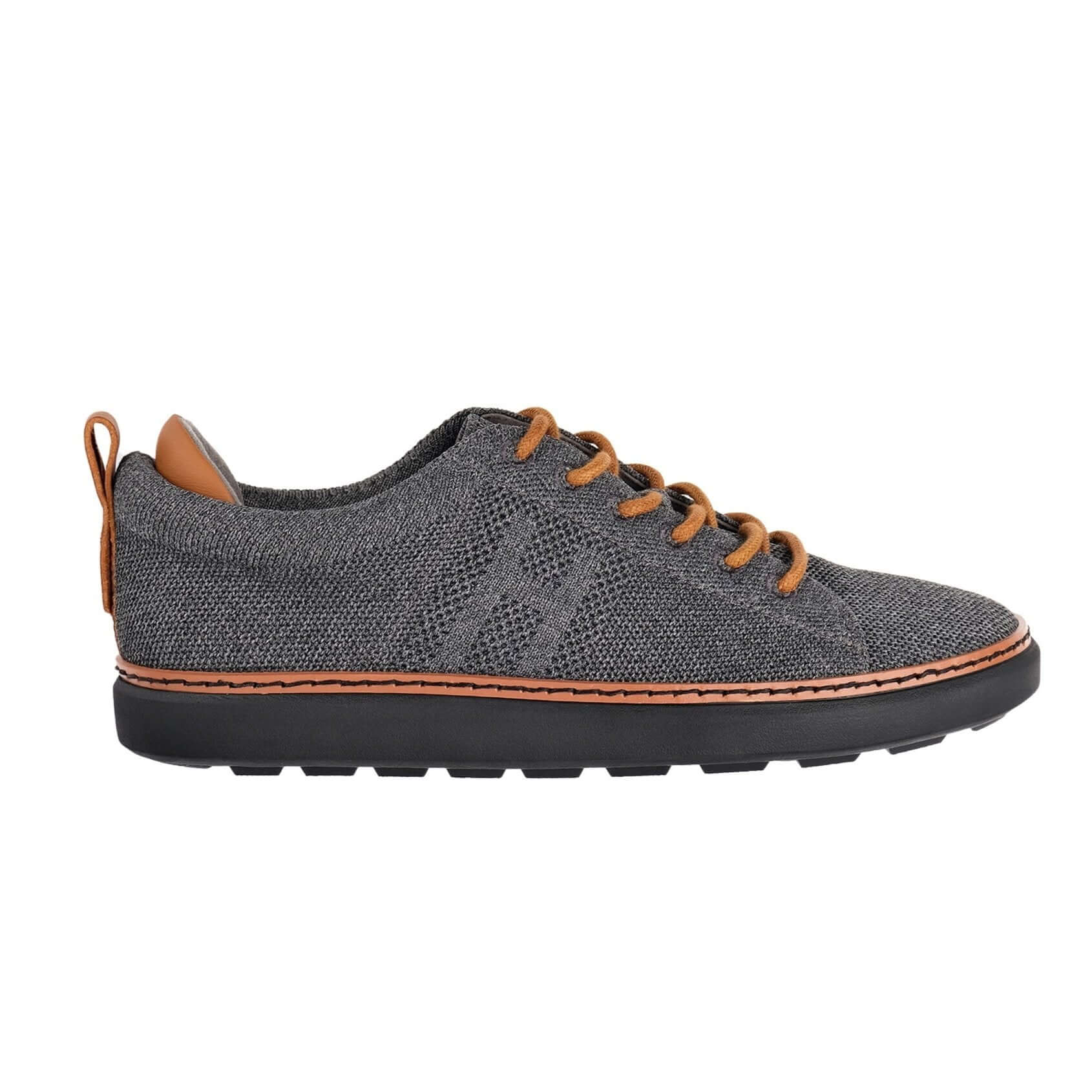 profile view of the emerson knit grounding walker in charcoal with cognac