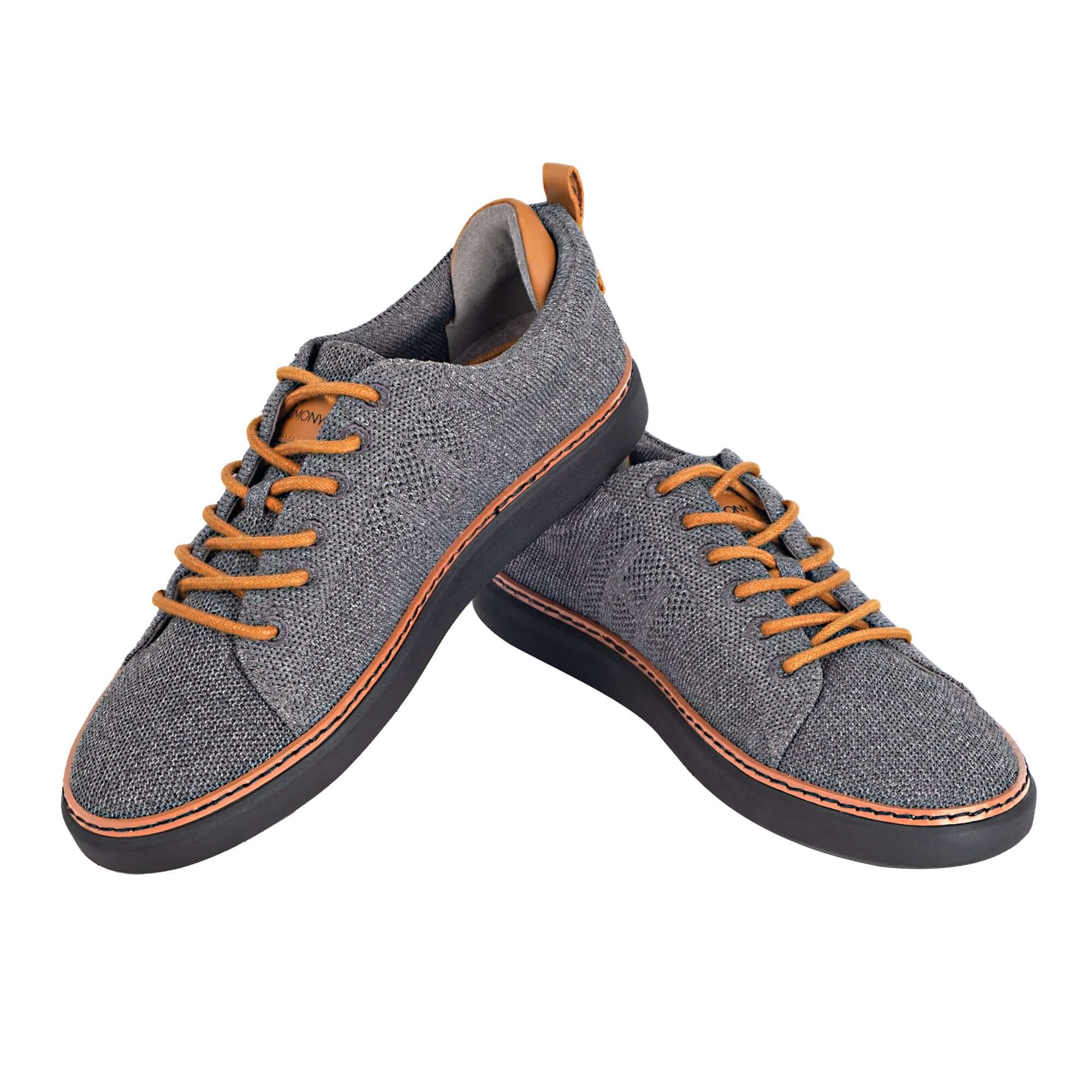 grounded knit walker in charcoal and cognac stacked on one another