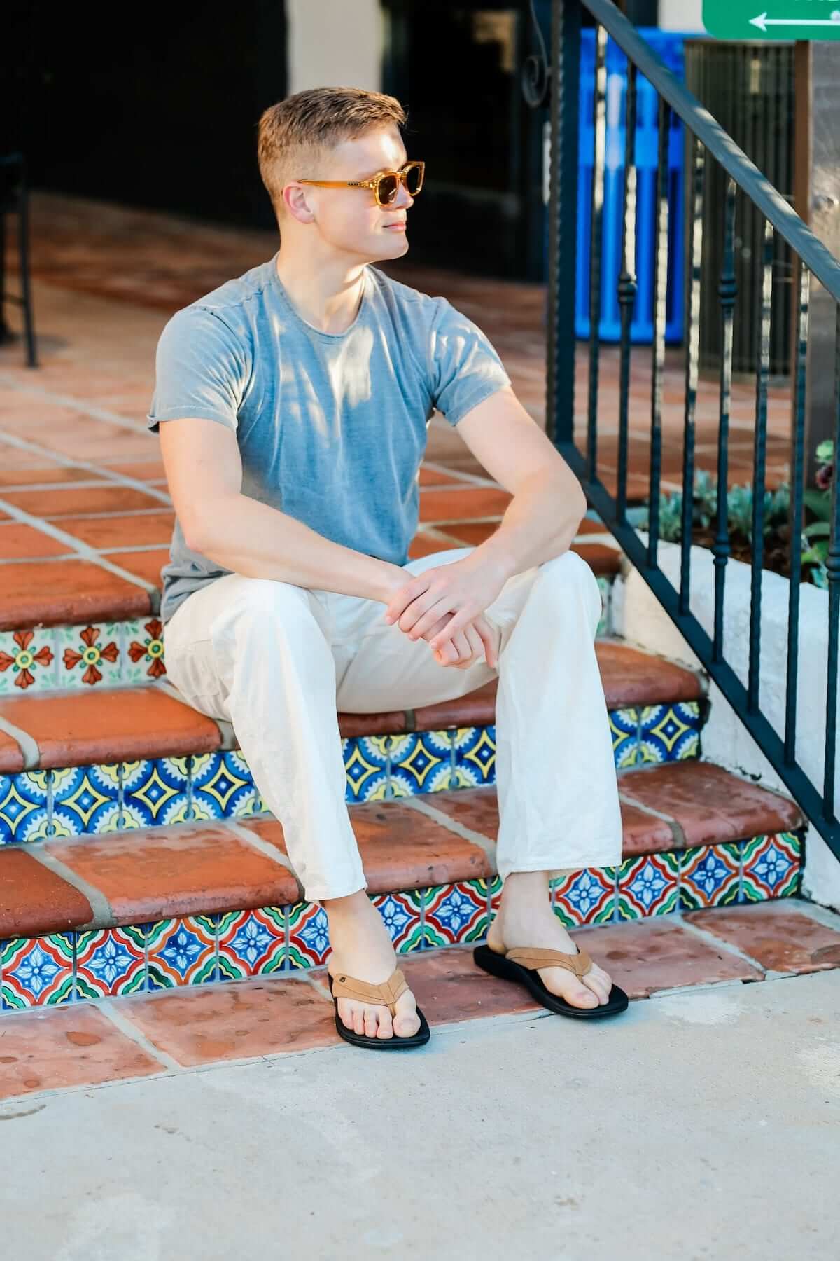 Man sitting on steps wearing Harmony 783 Men’s Grounding Conductive Earthing Sandal Cameron Chestnut Nubuck Flip Flop
Lifestyle3