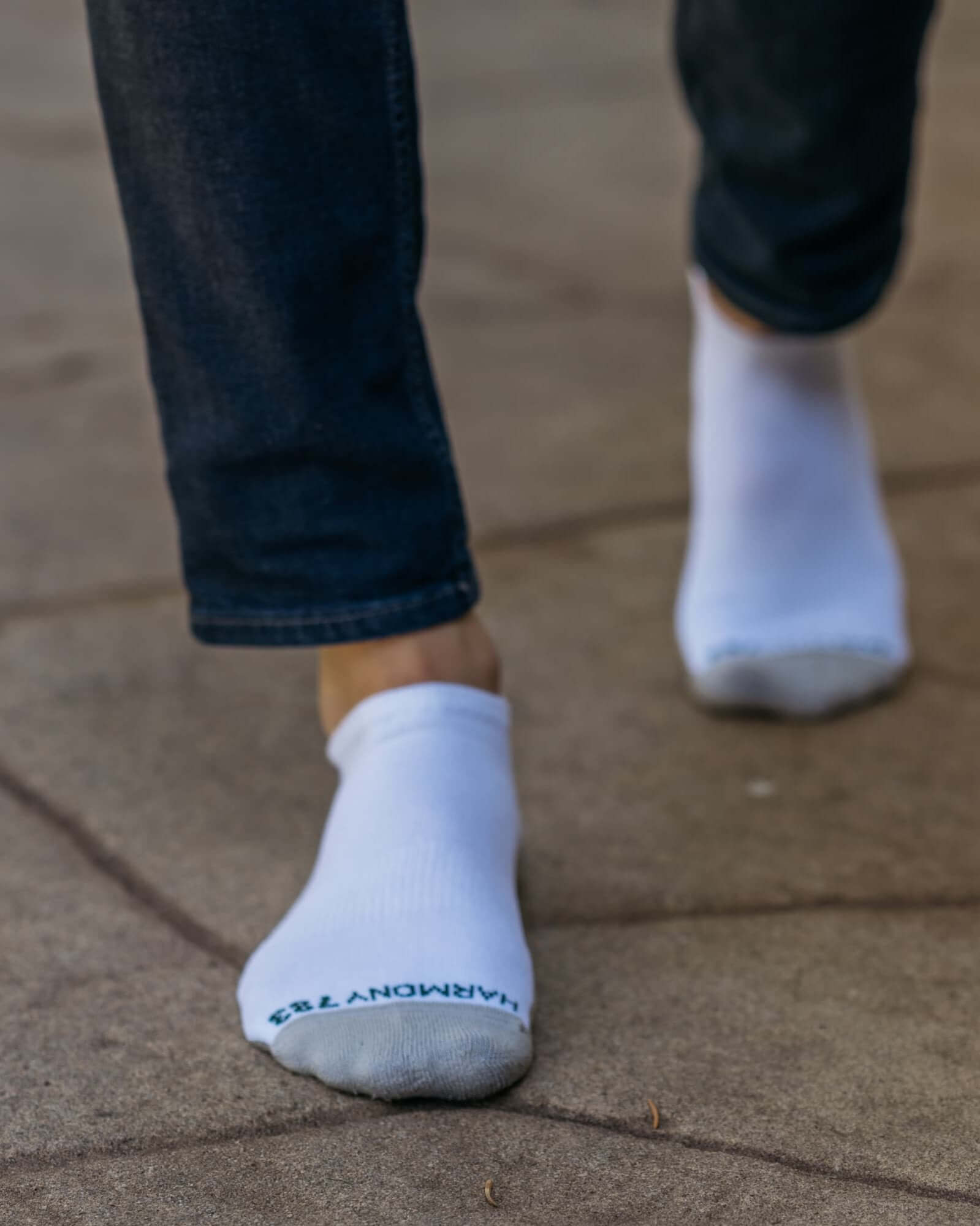 Close up of man standing wearing Harmony 783 Low Cut Ankle Grounding earthing socks Organic Cotton and Silver Stitching
Lifestyle 1
