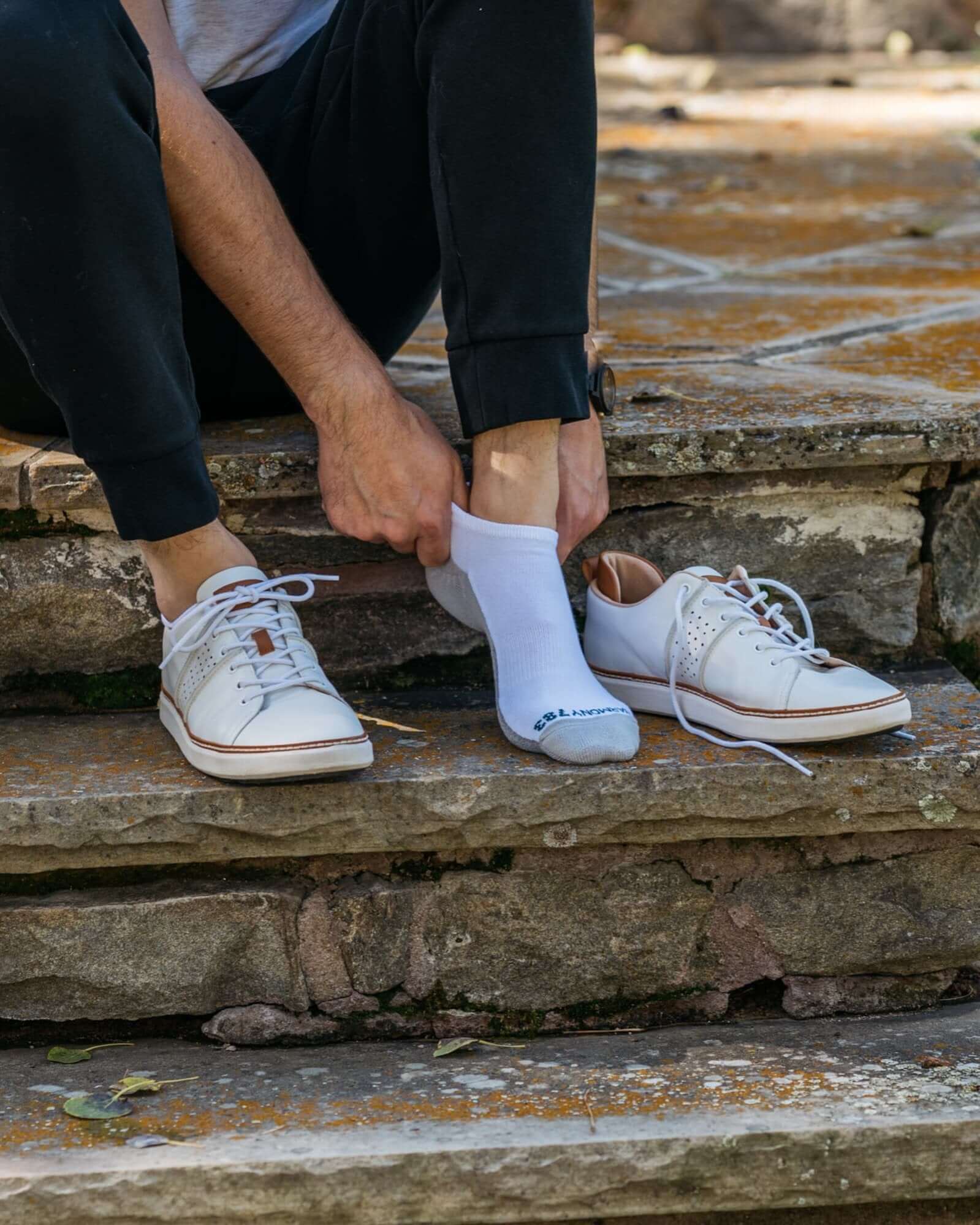 Close up of man sitting on step putting onHarmony 783 Low Cut Grounding earthing socks Organic Cotton and Silver Stitching
Lifestyle3