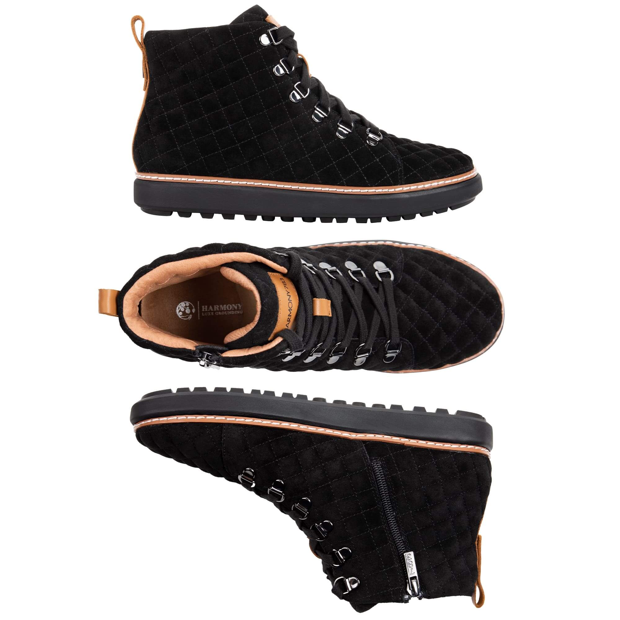 Women's black quilted grounding hiking boot multiple views