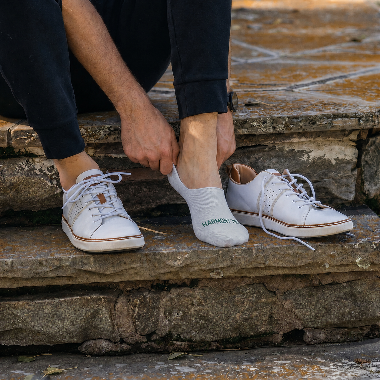 Man putting on his shoes and socks while wearing Harmony 783 Grounding white Leather walkers and grounding grey no-show organic cotton socks
