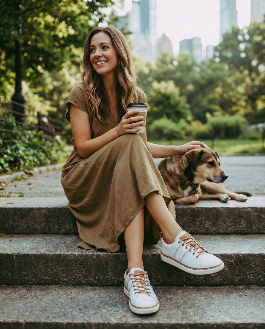Woman sitting on step drinking coffee wearing Harmony 783 grounding White Walkers while sitting with her dog.