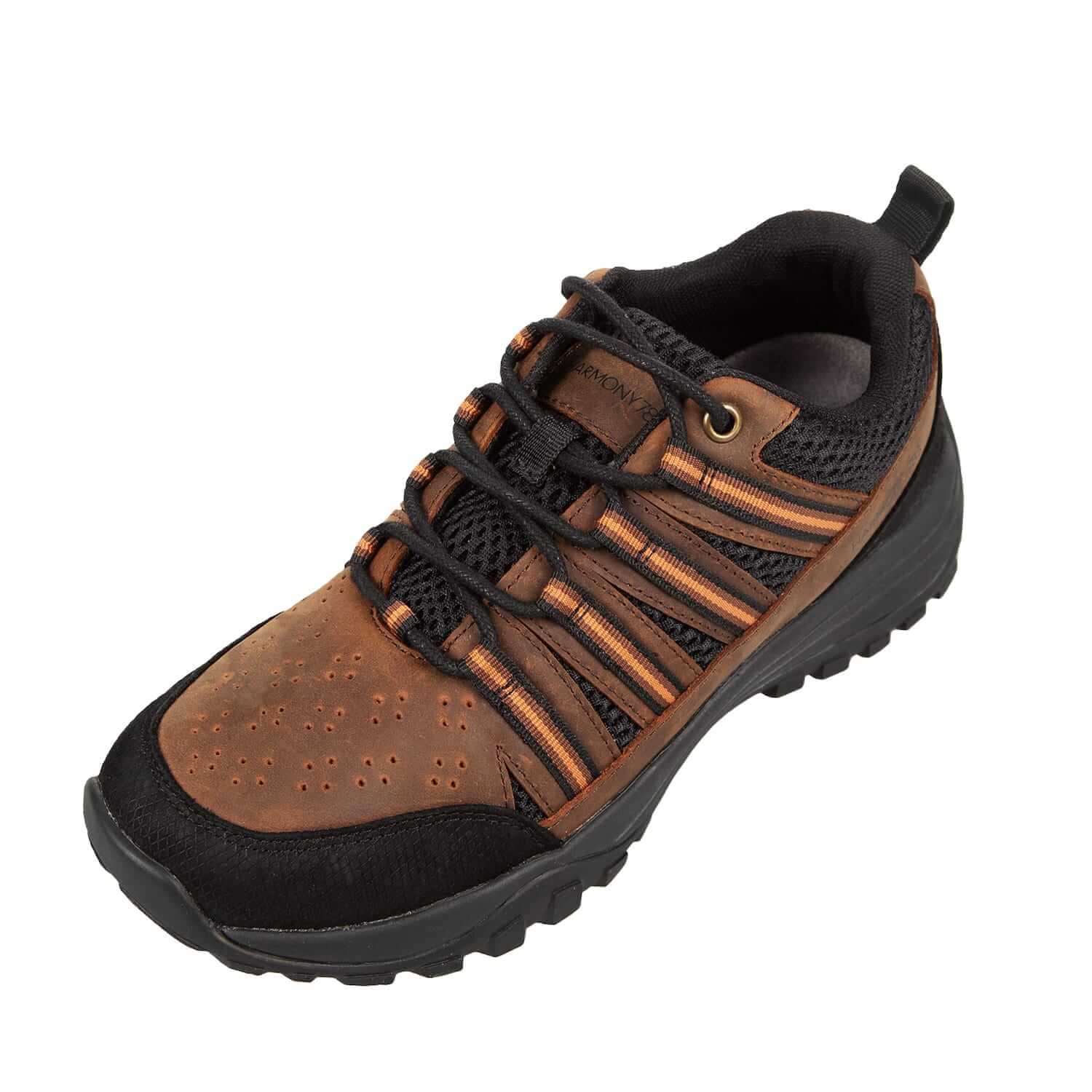 Hero angle view of the grounding trail shoe Jesse Trail Brown Leather Black Mesh