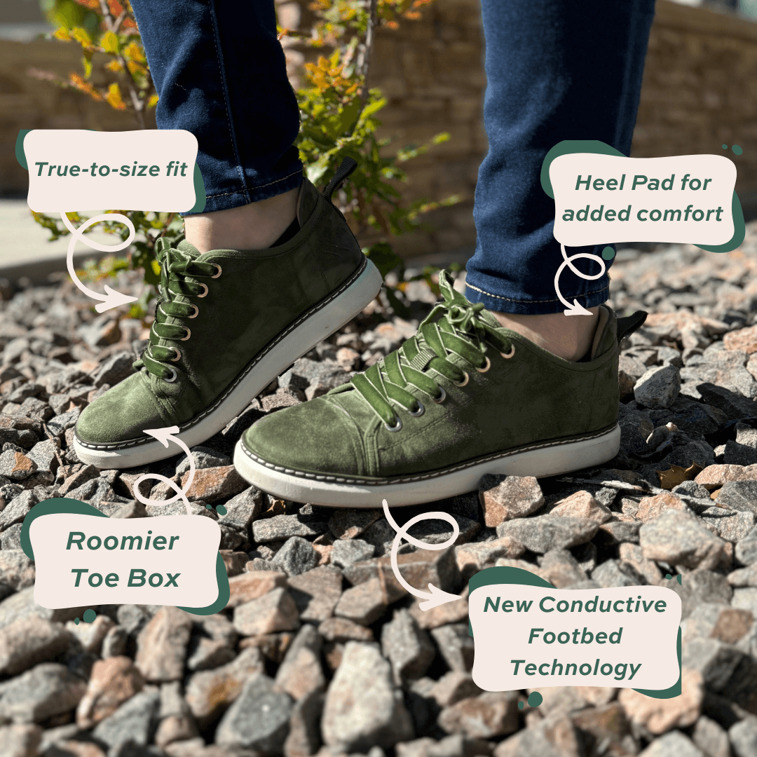 Close-up of woman wearing the Olive Suede Emerson Grounded walking shoes