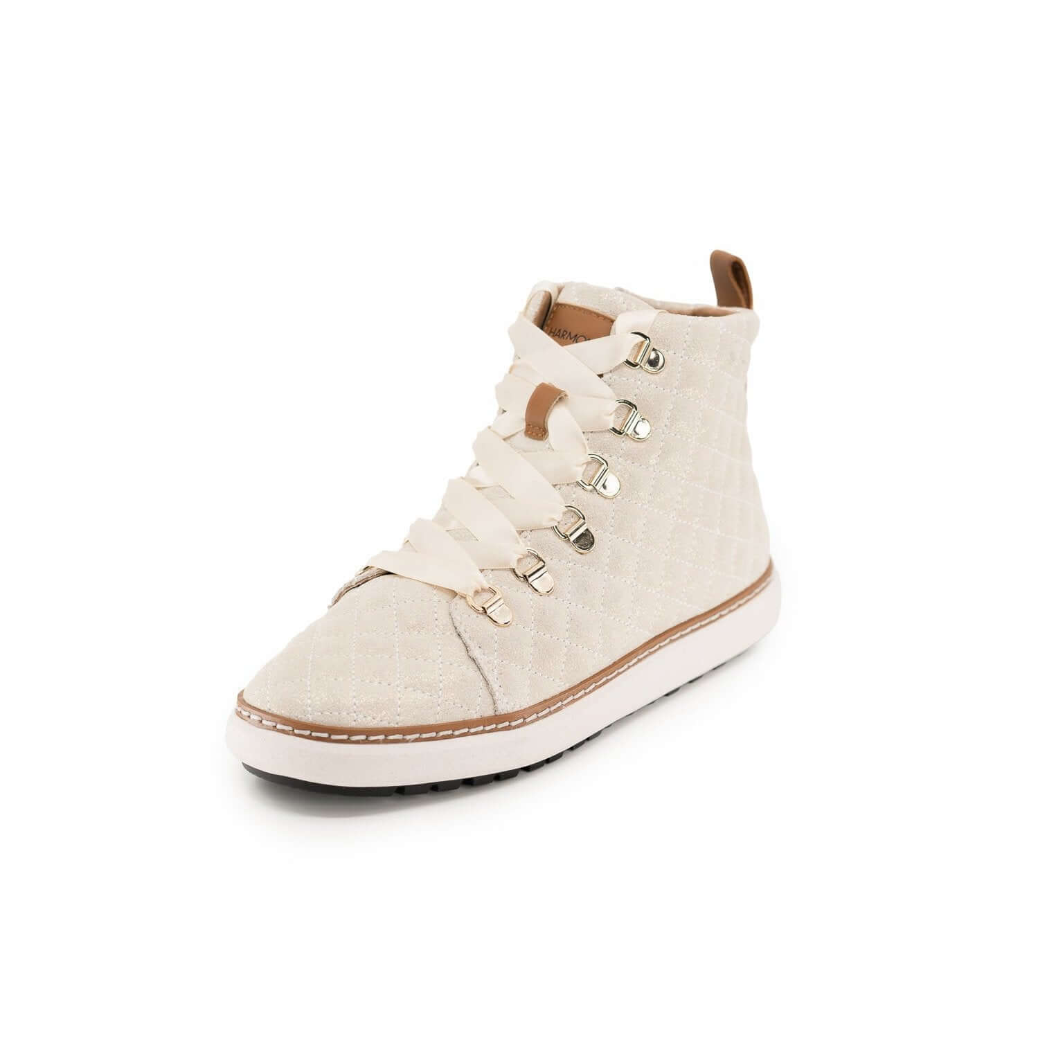 Hero angle view of gold creme quilted sparkly high top for grounding with champagne satin shoelace