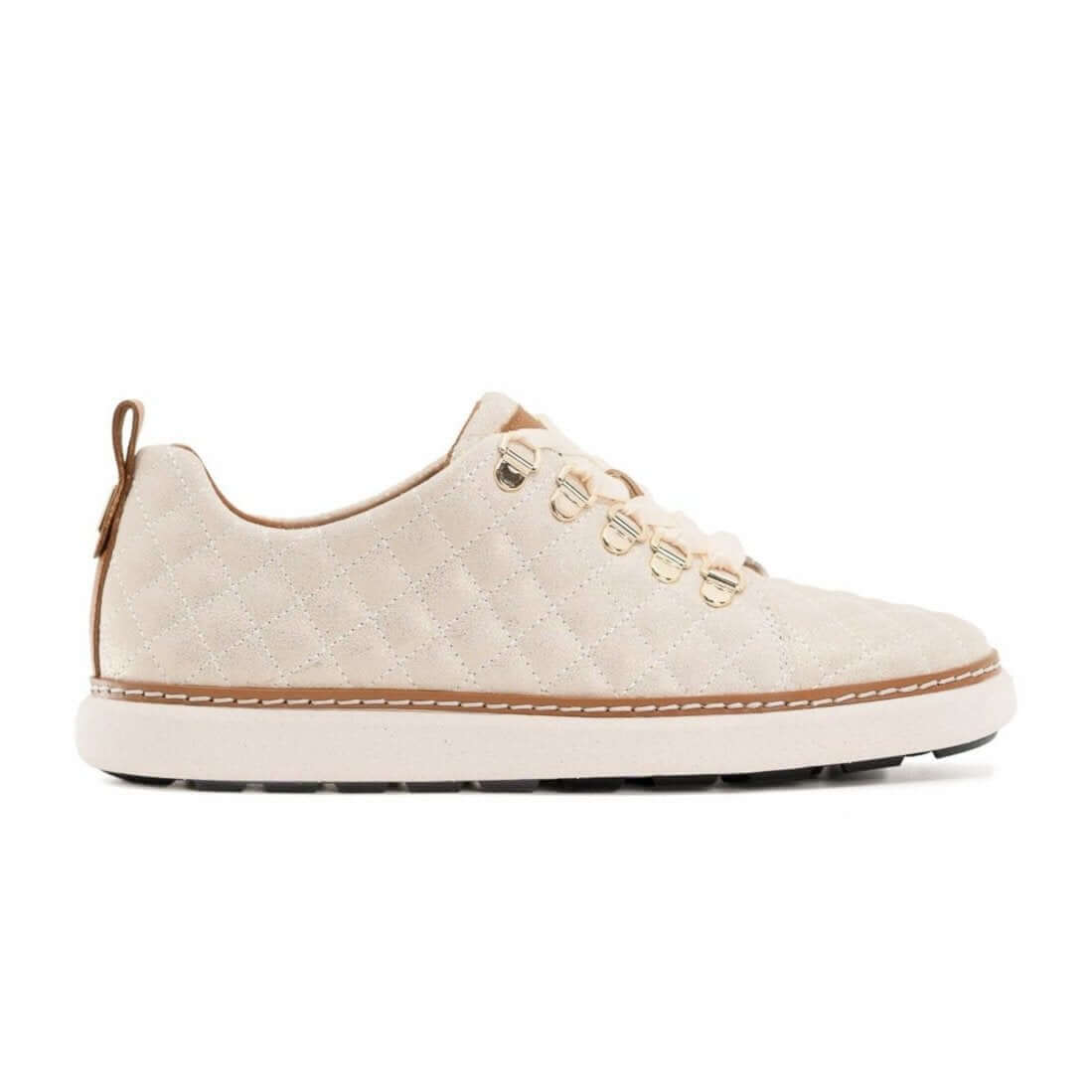 profile view of Melissa gold creme quilted suede grounding walking shoe for women
