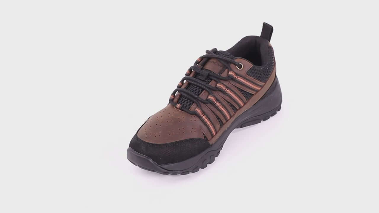 360 view video of Jesse Trail Shoe brown leather and black mesh for grounding