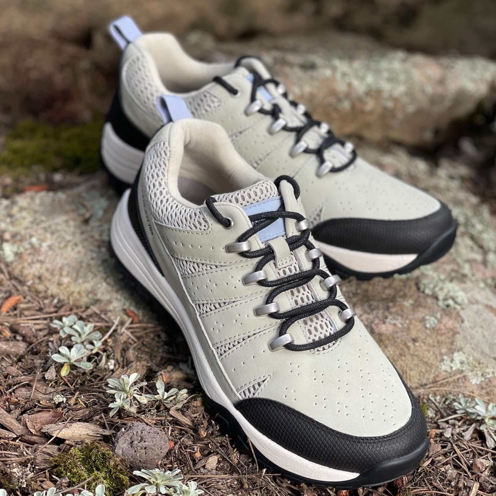 Black round cotton shoelaces example in khaki trail shoe