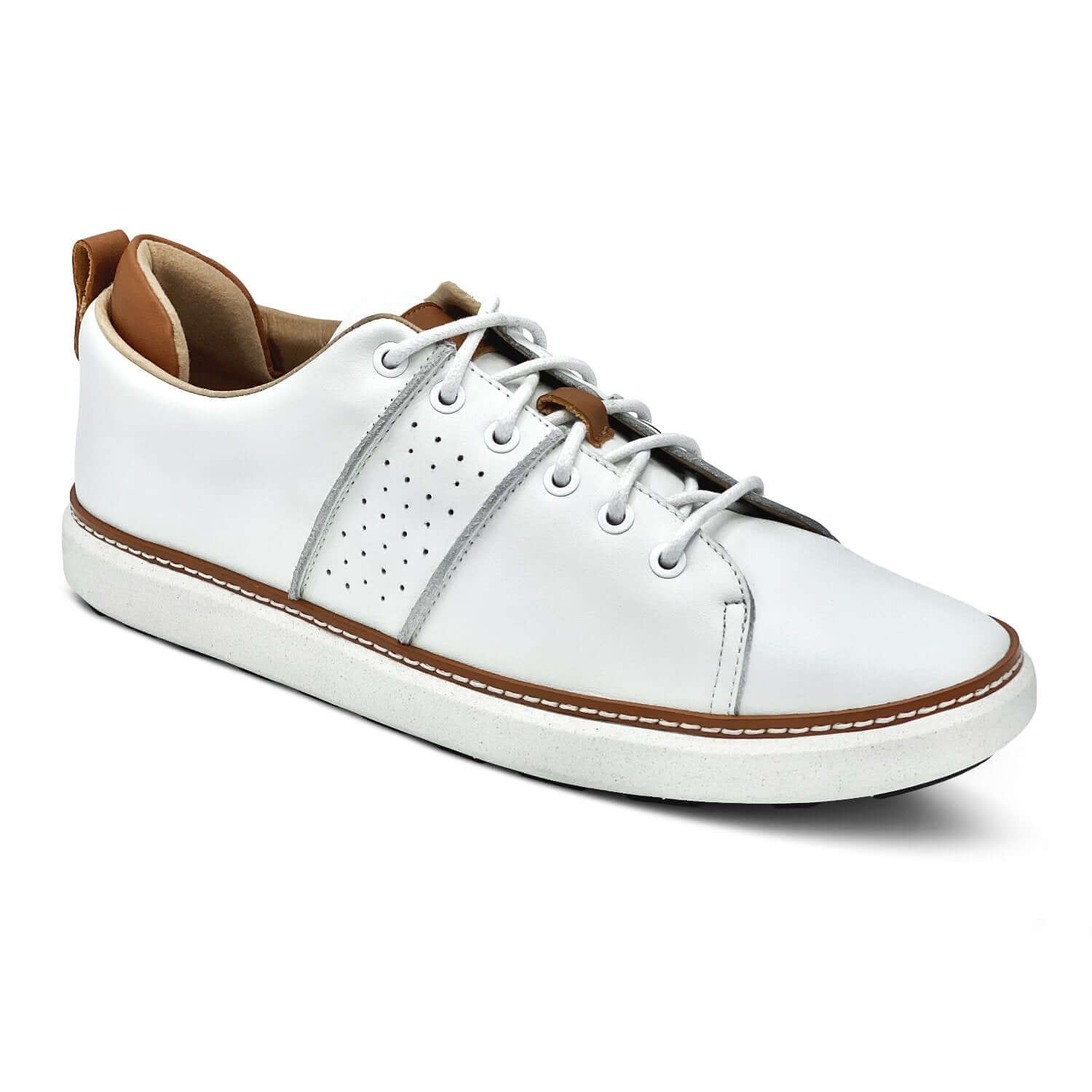 Category angled view of the white leather grounding walking shoe with white laces