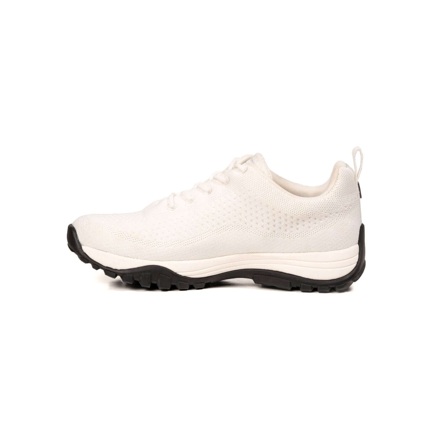 Profile view of white bamboo knit grounding earthing sneaker for men and women