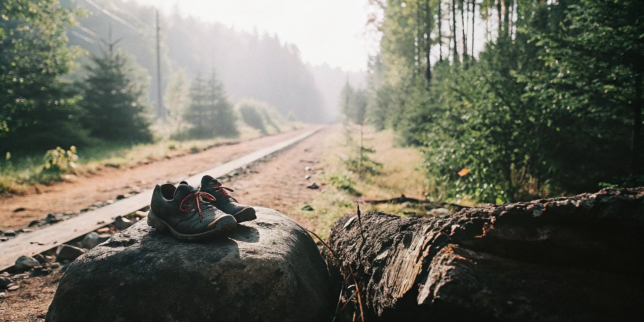 Grounding hiking shoes beside a forest trail