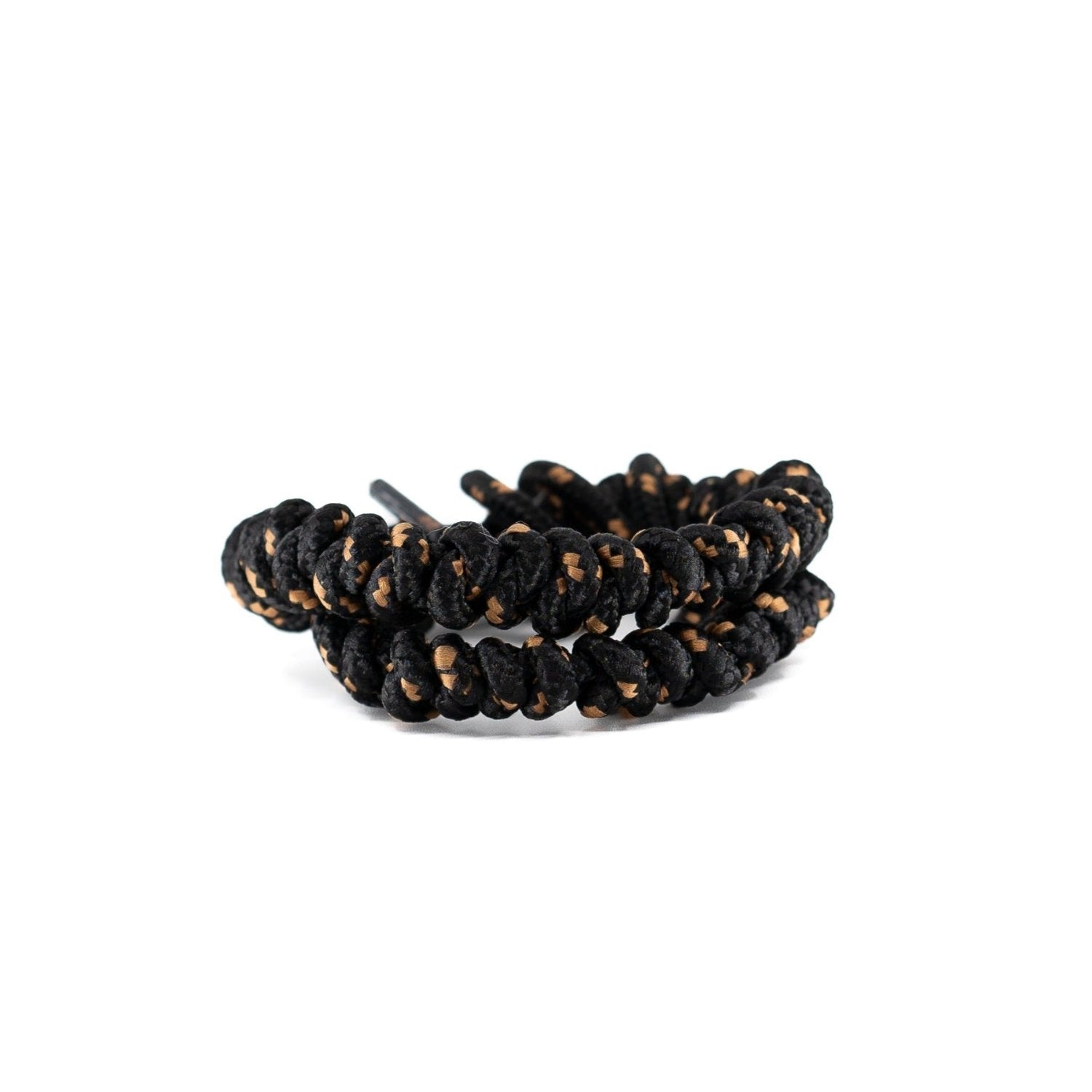 Coiled photo of black round nylon shoelaces with cognac speckles