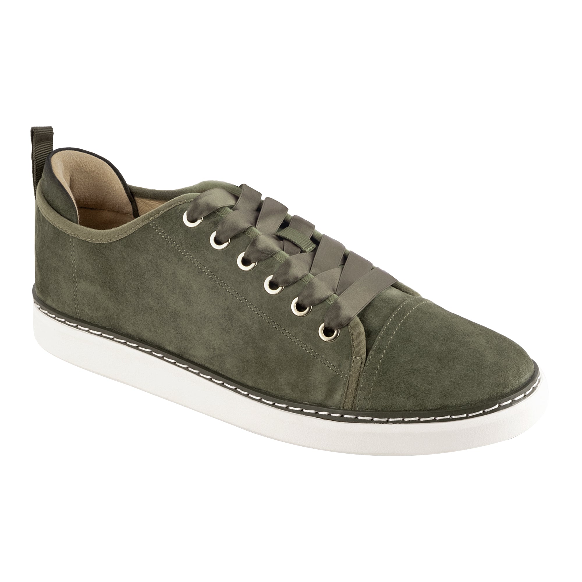 Category view of Charlotte Olive Green suede grounding walker with green satin shoelaces