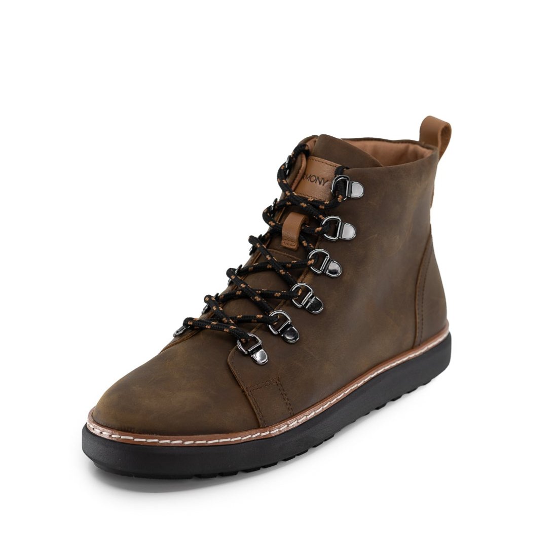 Brown leather grounding boot with black and cognac laces hero angle
