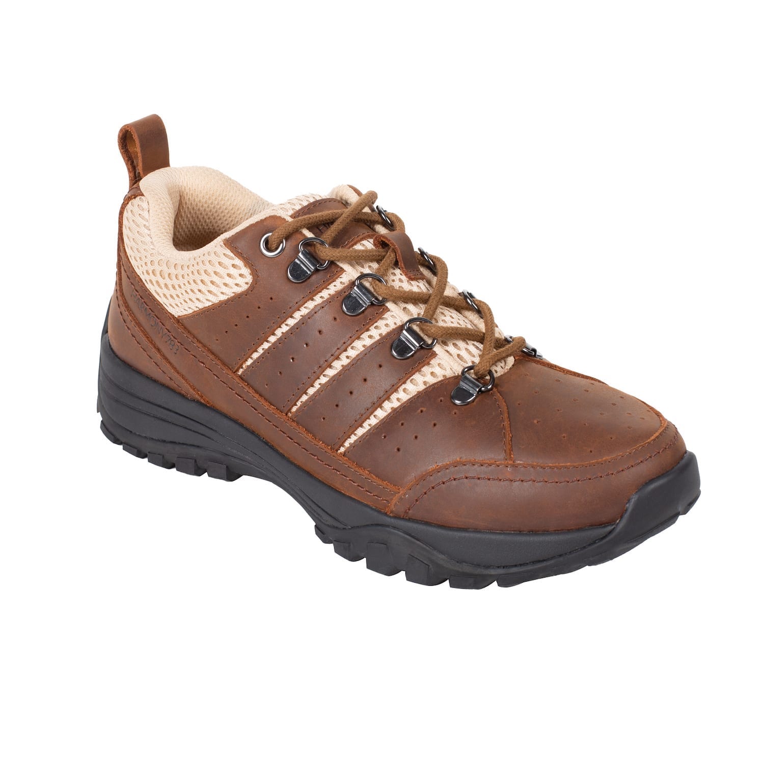 Brown leather and creme mesh grounding trail shoe category view for men and women