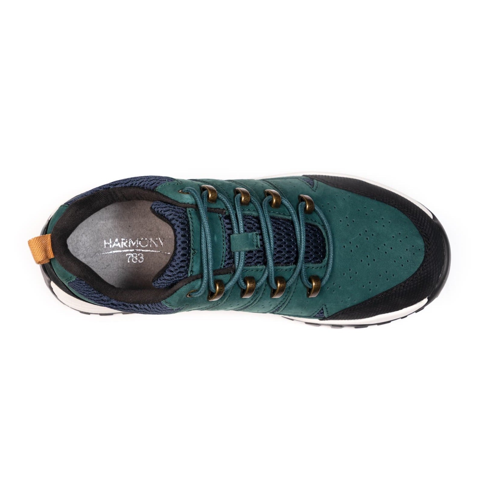 Evergreen green cotton shoelaces on green trail shoe