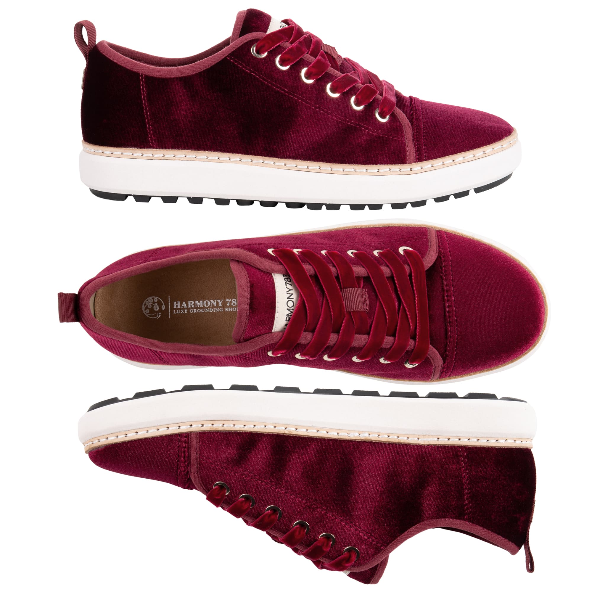 three views of the bordeaux red velvet walker grounded