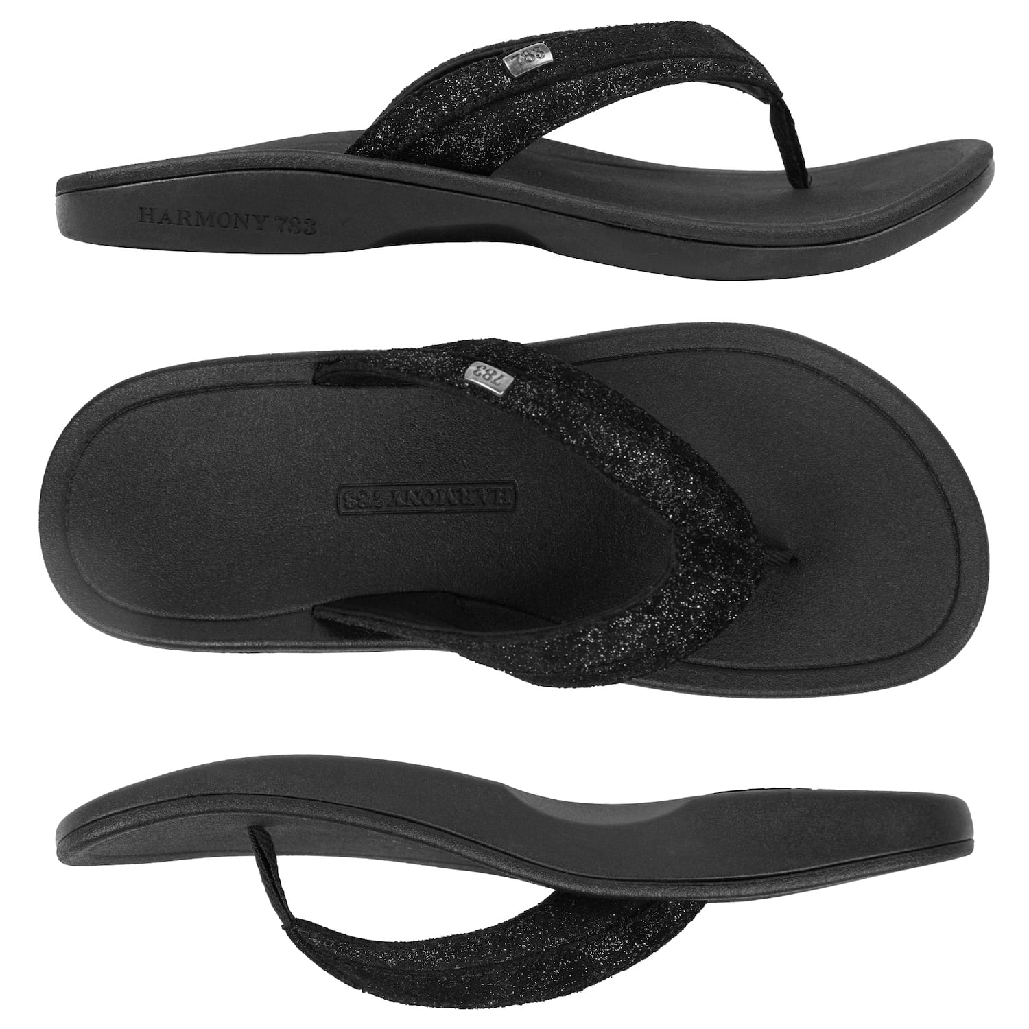 Harmony 783 Stella Womens Grounding Conductive Earthing Sandal in Black Shimmer Suede Flip Flop
Overhead Multiview