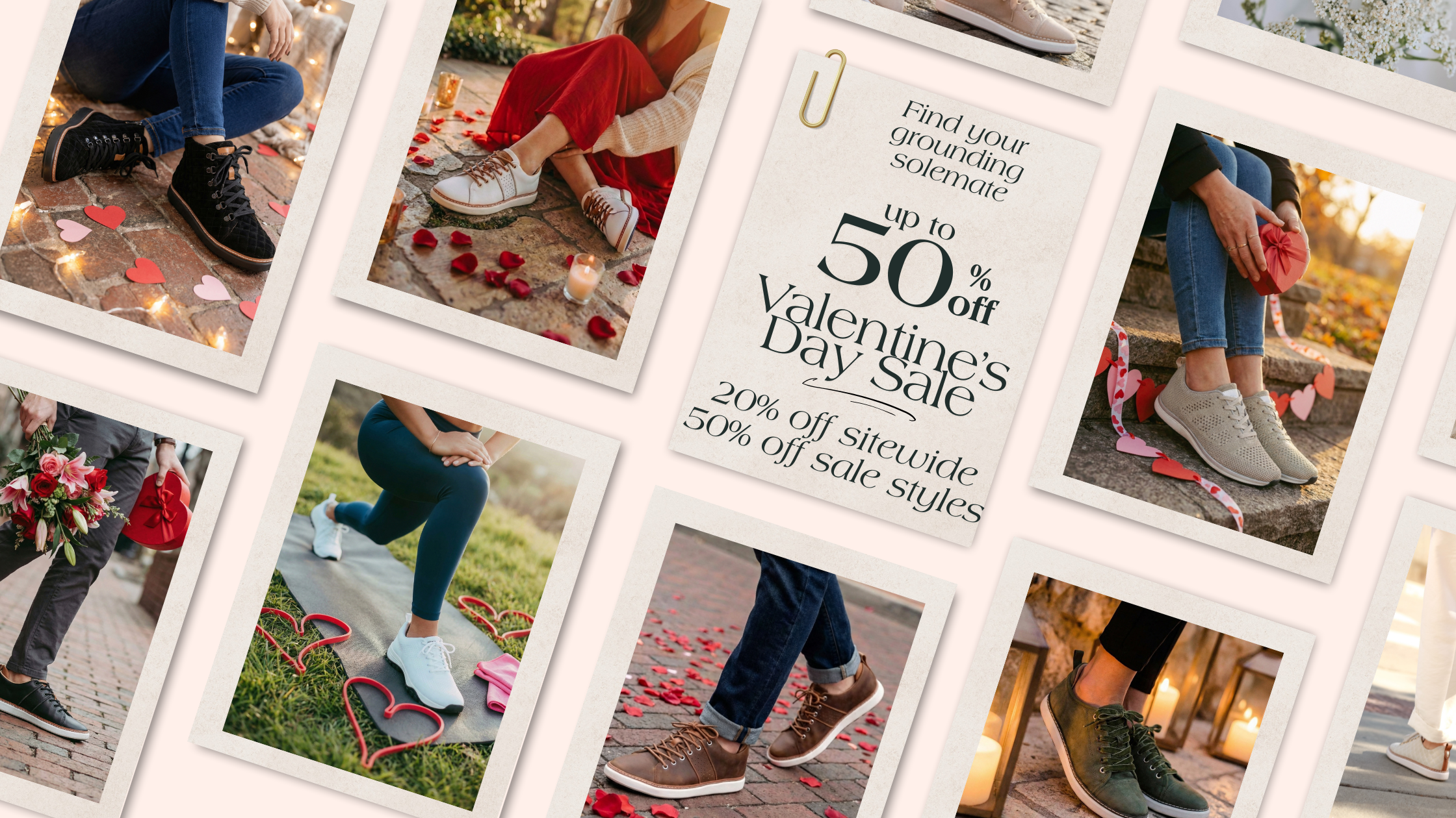 Promotional flyer for Valentine's Day sale with people walking in grounded shoes on a romantic background.