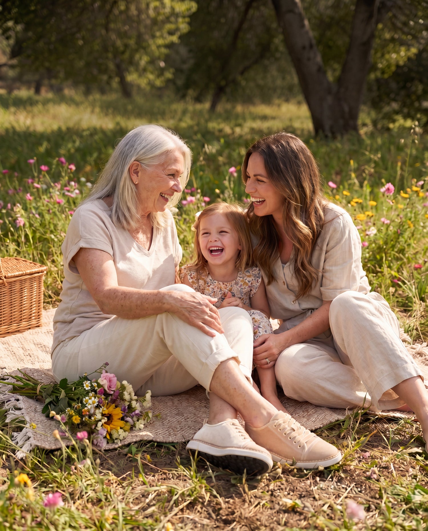 Three women sitting together outdoors in a grassy field with wildflowers, smiling and laughing. They are dressed in light beige and cream outfits, with a picnic blanket, flowers, and a wicker basket visible. The older woman is wearing Harmony 783 grounding walkers in champagne velvet.