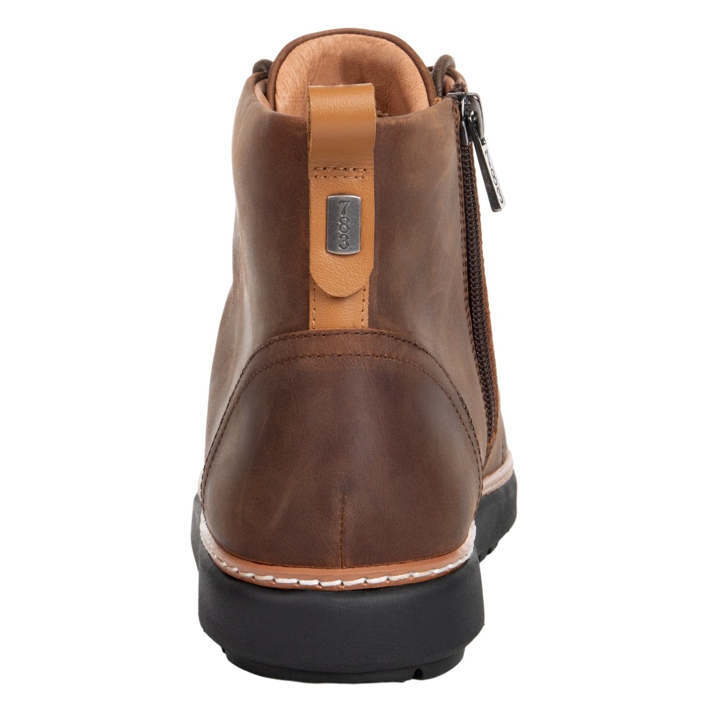 Heel view of Brown Leather Grounding High Top Boot with zipper