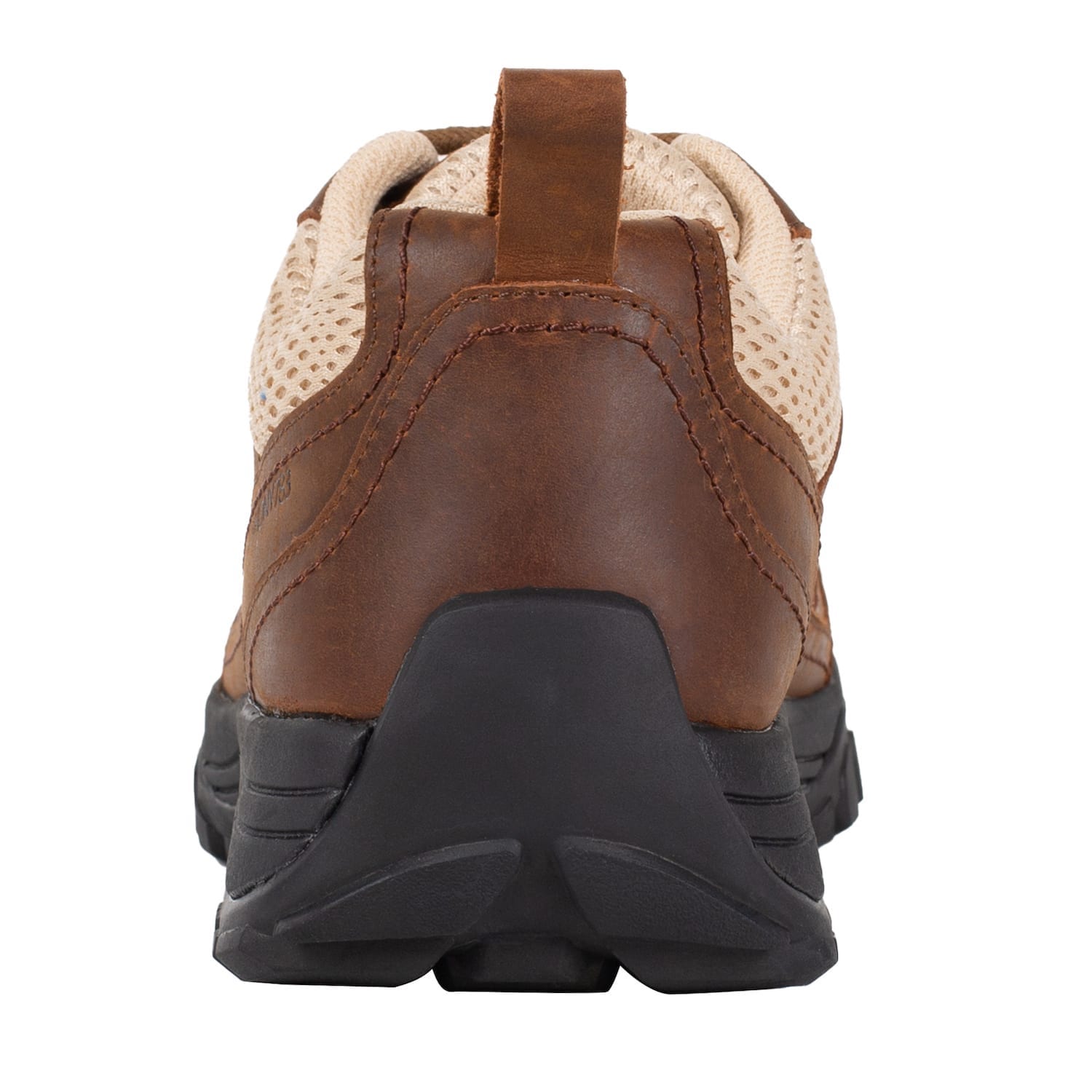 Heel view of the brown leather and creme mesh grounding trail shoe for earthing