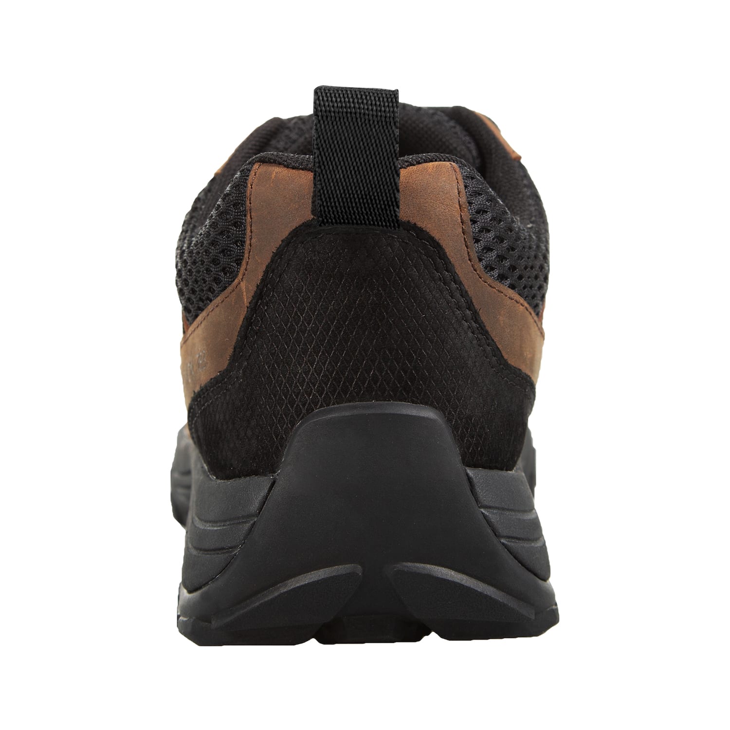 Heel view of the Jesse Trail Shoe with brown leather and black mesh