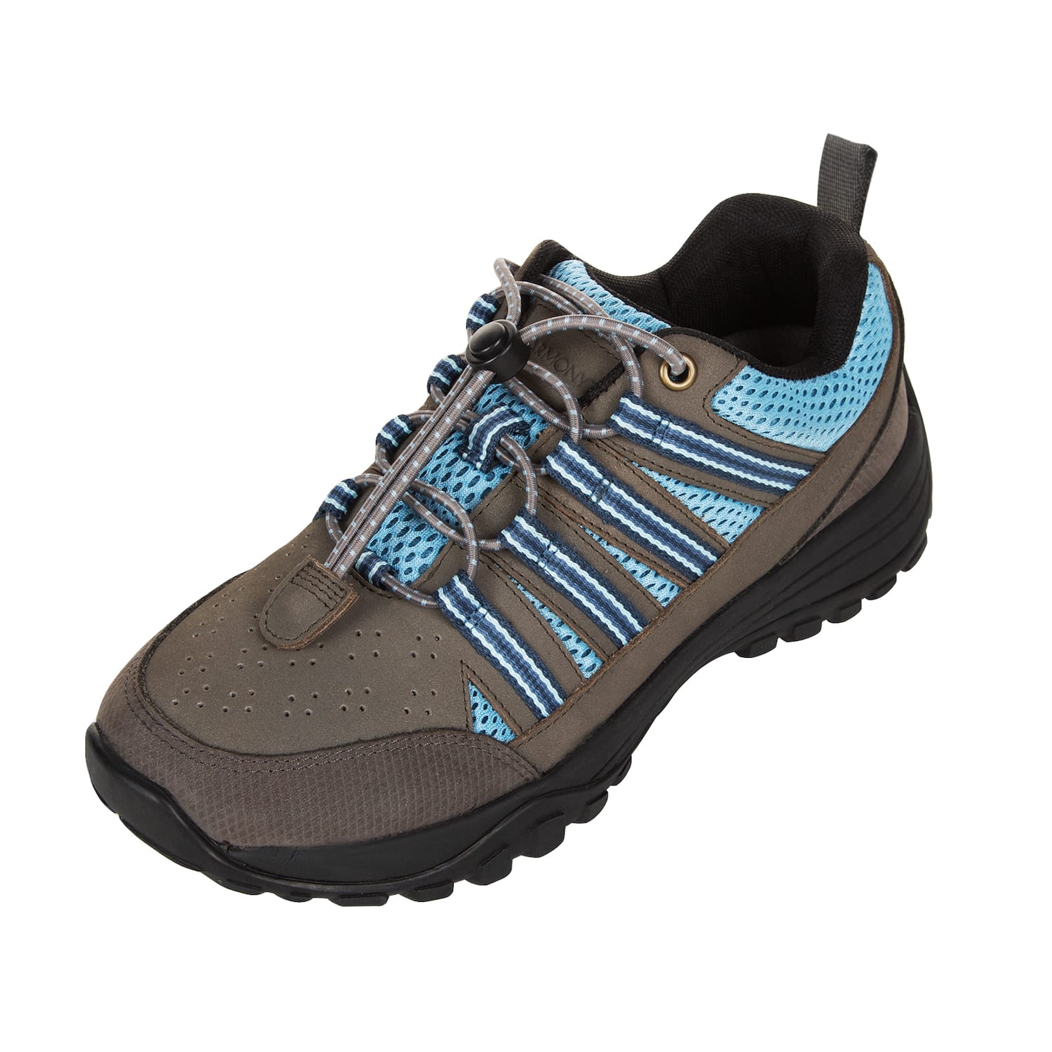 Hero angled view of Taylor Grey and Blue grounding trail shoe