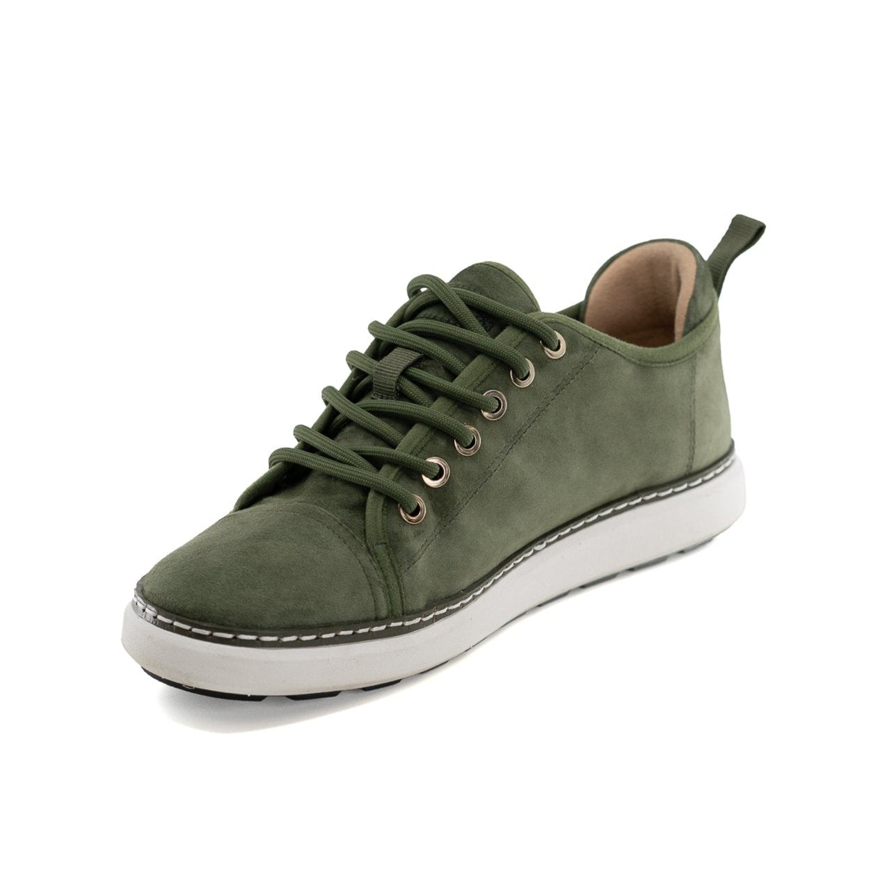 Hero angled view of the charlotte olive green suede grounding walker with nylon rounded laces