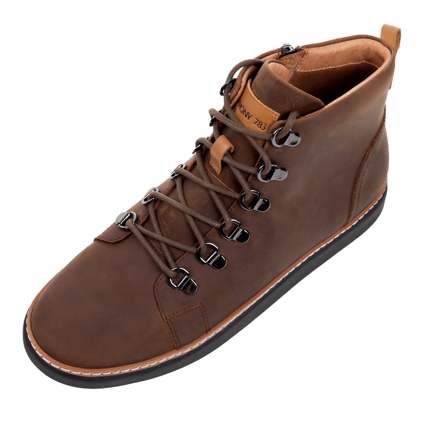 Example of brown cotton shoelace in brown leather grounding high top