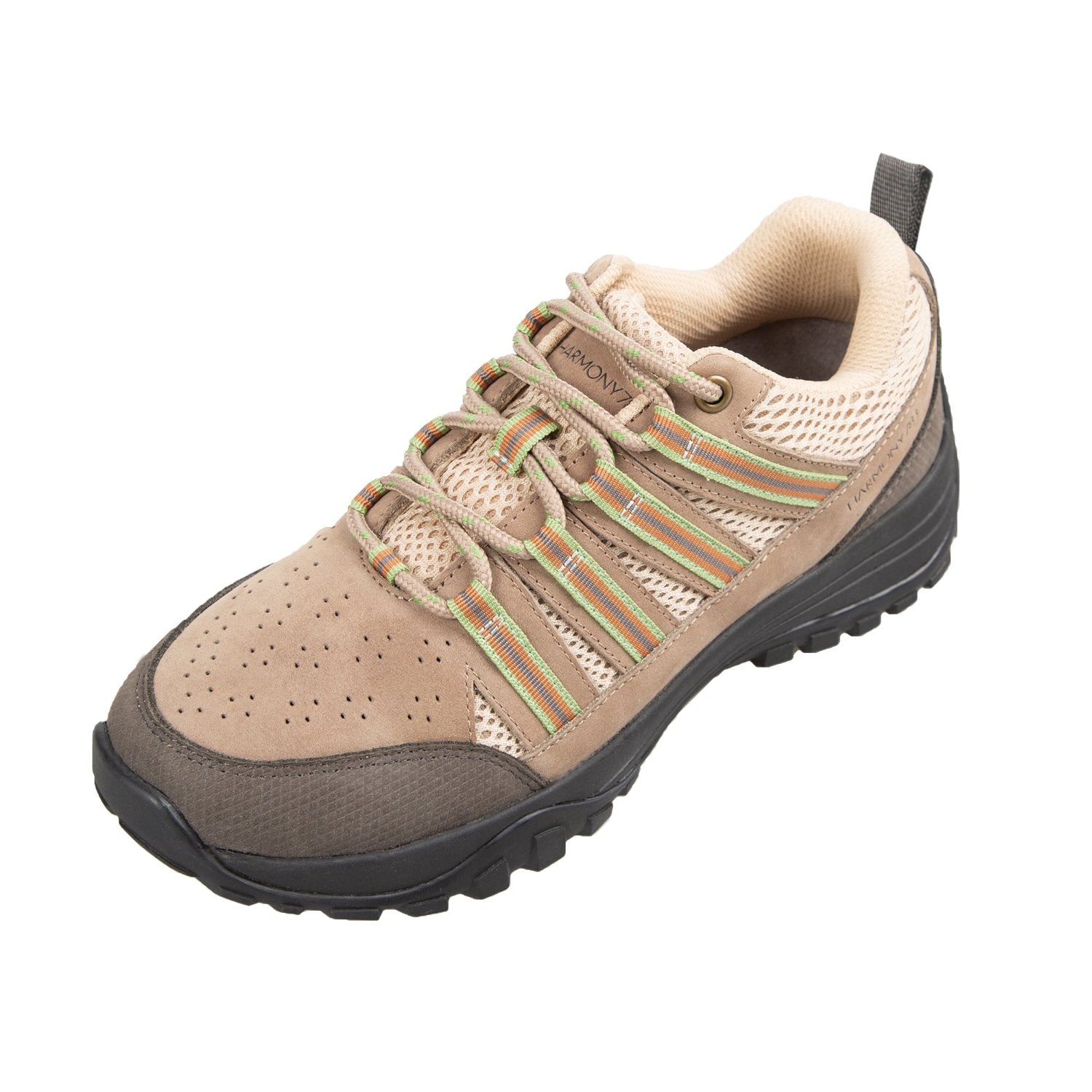 Khaki and green nylon round shoelace in a khaki grounding trail shoe