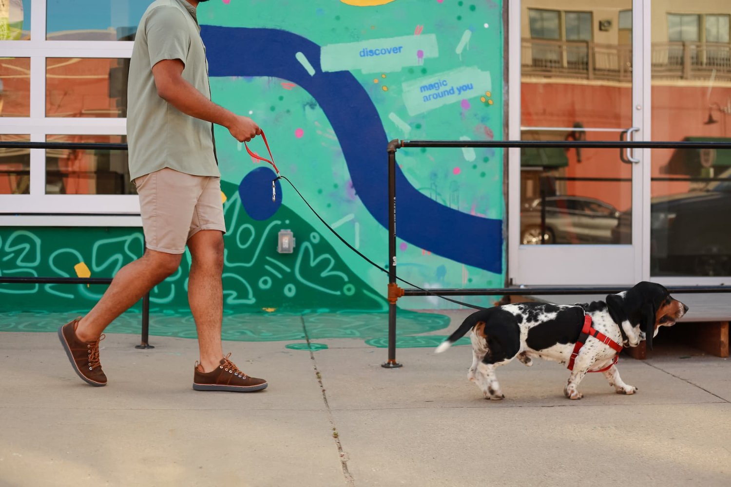 Man walking dog wearing brown leather grounding walkers with grey midsoles