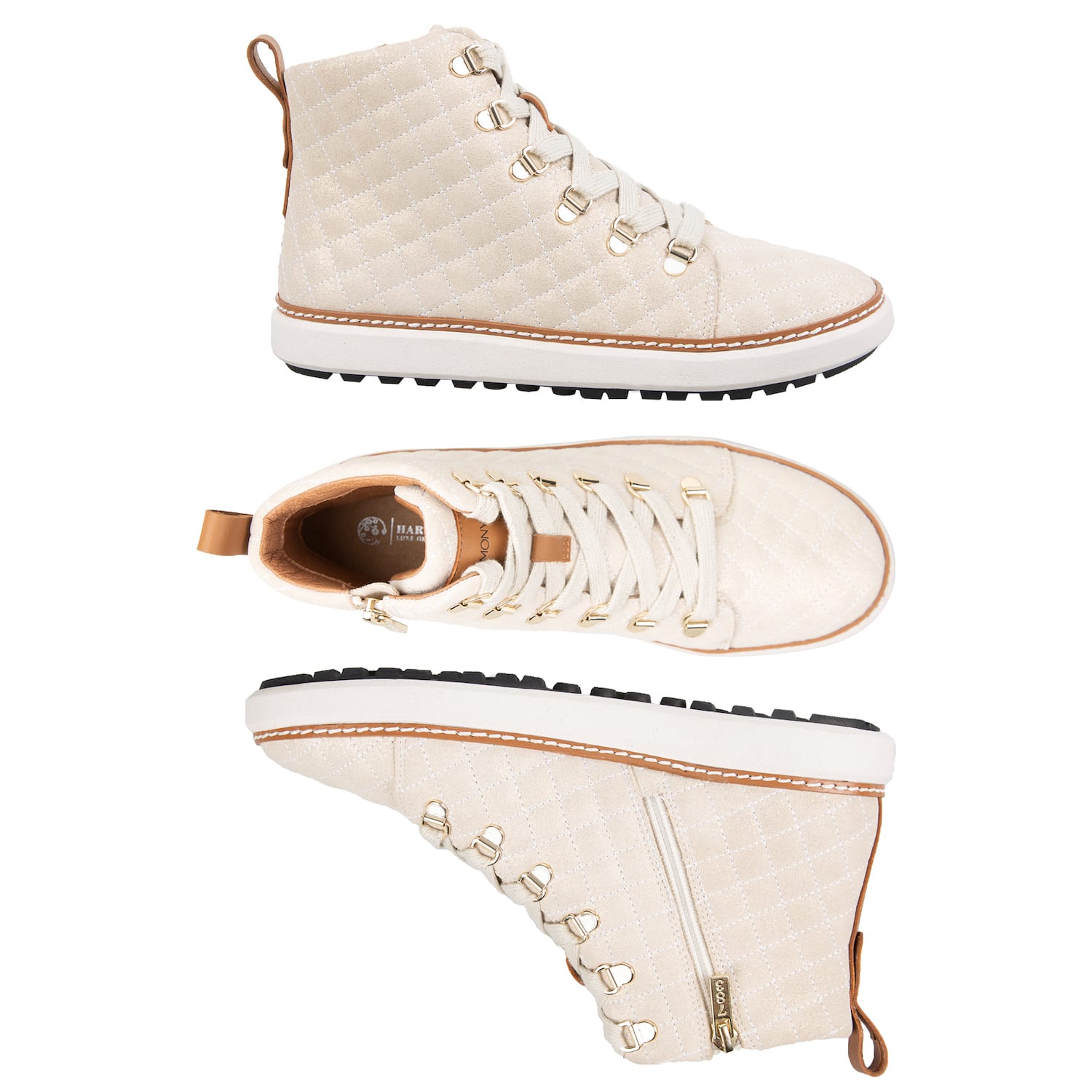 Multi-view image of gold creme quilted sparkly grounding high-top with zipper for women