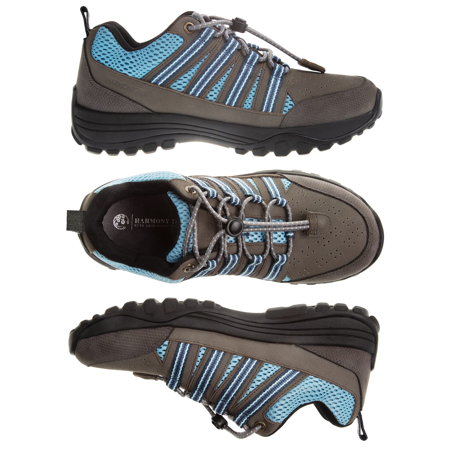 Multi-view of the Taylor Grey and Blue Grounding Trail Shoe