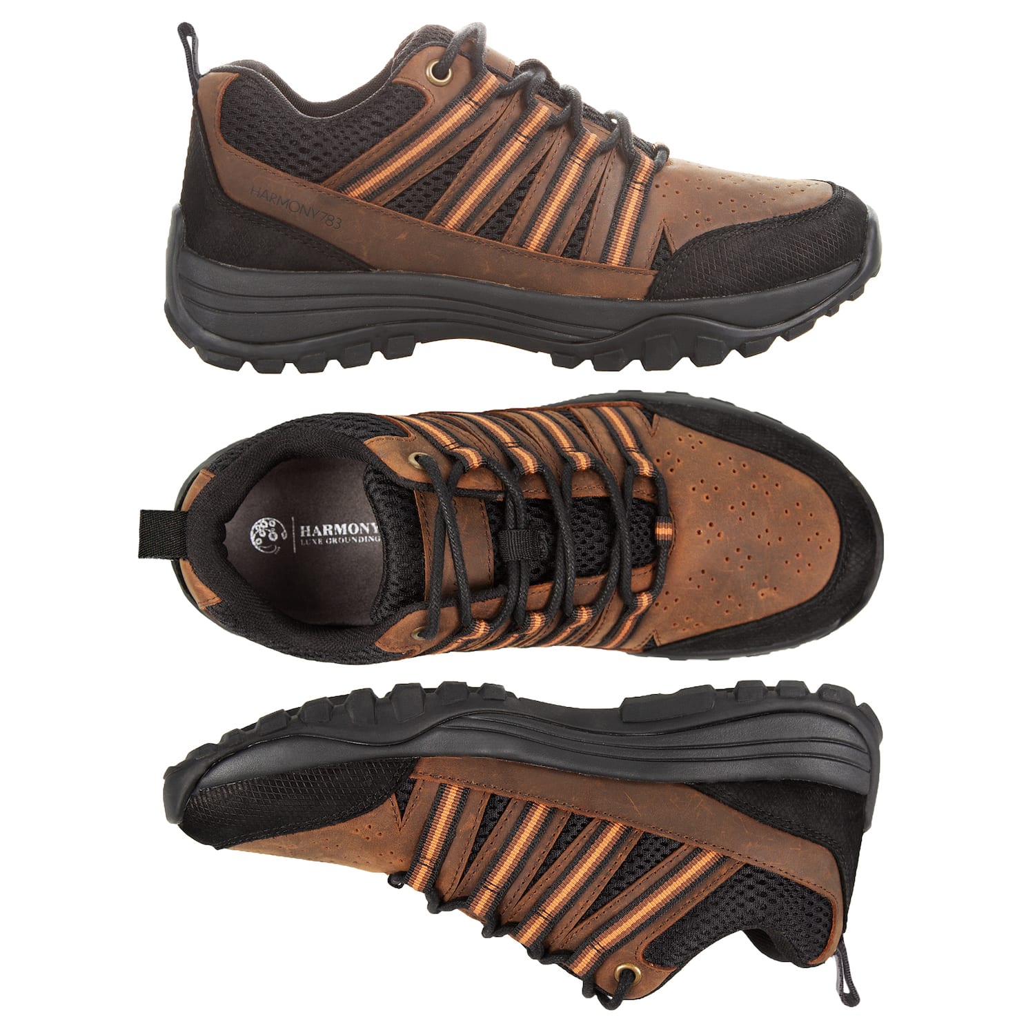 Multi view image of Jesse Trail Shoe brown leather and black mesh for grounding and earthing