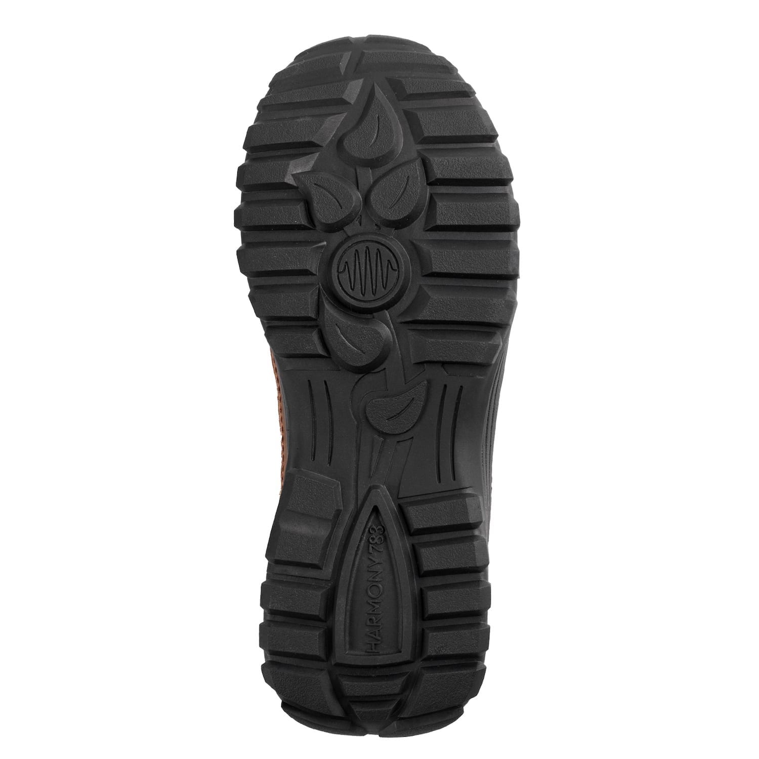 Outsole tread view of the Bailey Trail Shoe with brown leather and creme mesh for men and women earthing and grounding