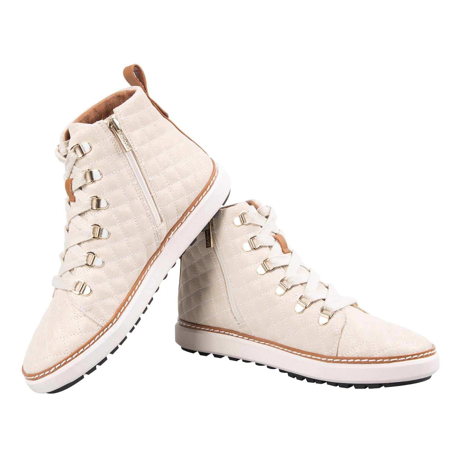 Stacked view of the zip up gold creme sparkly high-top for grounding